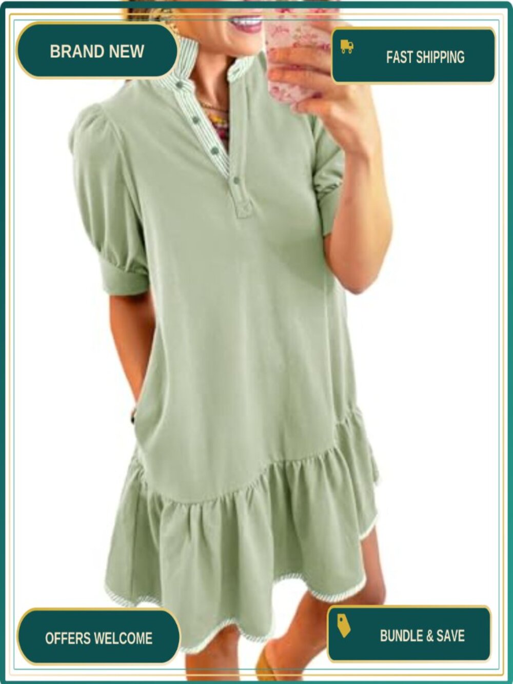 Puff Sleeve Babydoll Tiered Mini Dress with Pockets - Casual A-Line